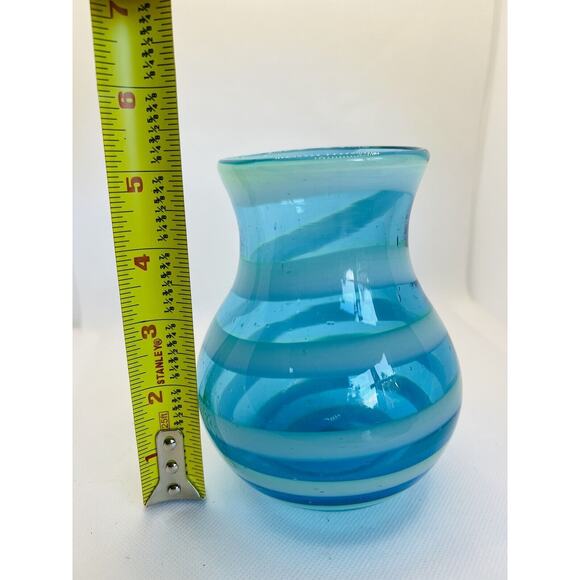 Hand Blown Art Glass Blue Swirls Decorative 5" Vase - Picture 4 of 9